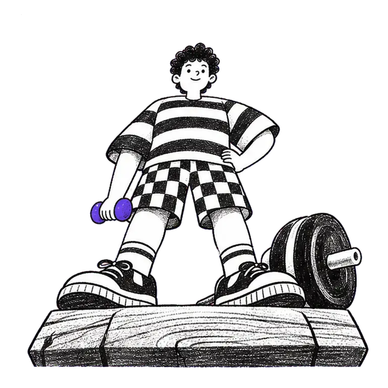 A smiling man in a striped shirt curls a tiny dumbbell on a wooden block, a big barbell left unused beside him.