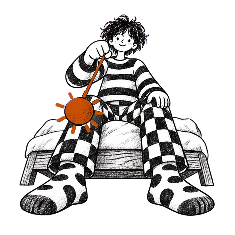 A smiling teenager in checked pyjamas and spotted socks sits on a bed, swinging a small sun-shaped lantern on a cord.