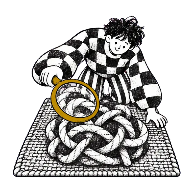 A young man in a checked jumper kneels on a mat and studies a big rope knot through a magnifying glass.