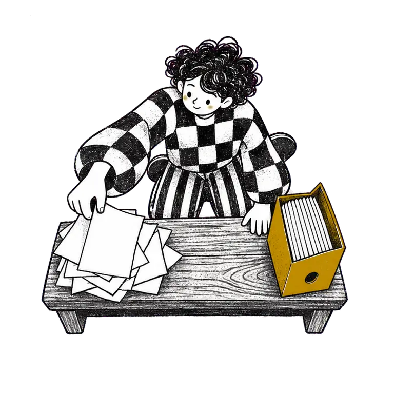 A teenager in a checked jumper picks sheets from a messy pile, looks each one over and files it in a box.