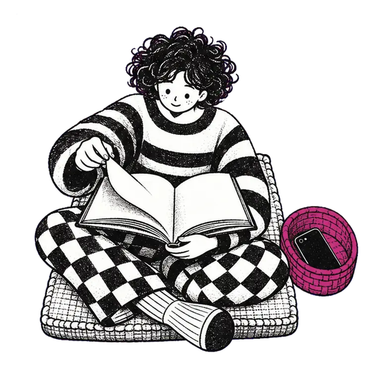 A curly-haired woman on a floor cushion turns pages of a book, her phone face-down in a basket beside her.