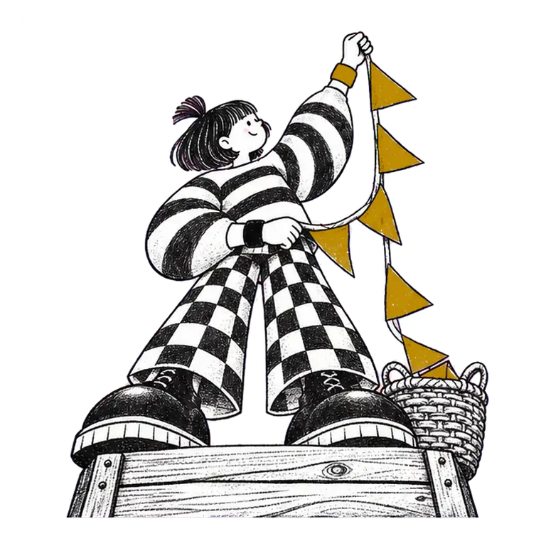 Seen from below, a woman in a striped sweater stands on a wooden crate pulling a string of bunting flags from a basket.