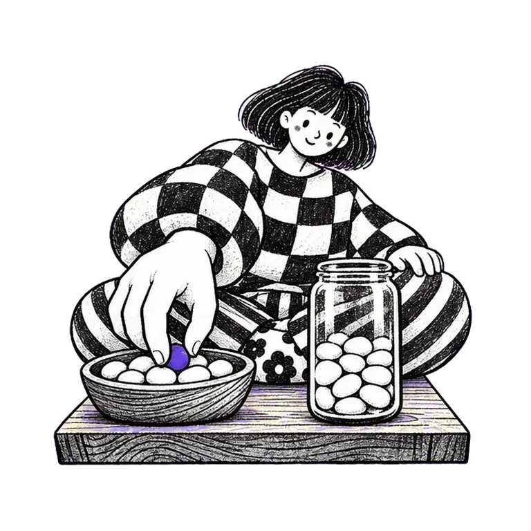 A cross-legged woman in a checked jumper picks a yellow stone from a bowl and drops it into a glass jar by hand.