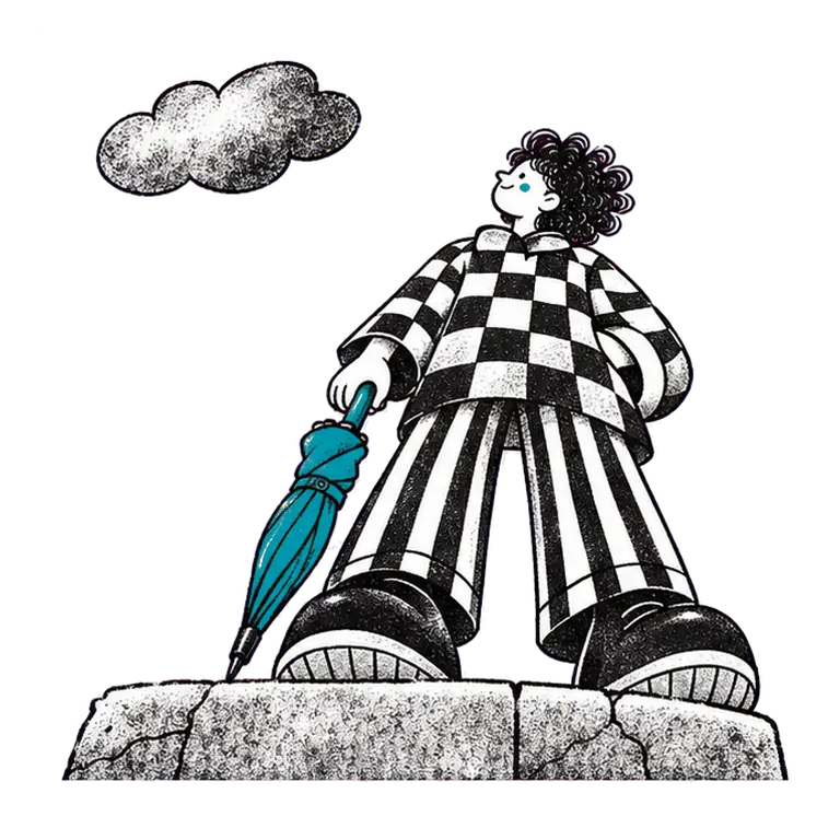 Woman in a checked coat on a kerb opens an umbrella as rain falls from a small cloud, then closes it when it stops.