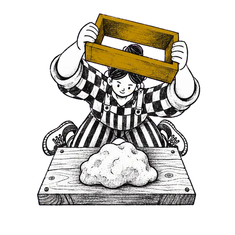 A kneeling woman presses a wooden brick mould into a soft heap of clay on a board and lifts it away to reveal a neat brick.