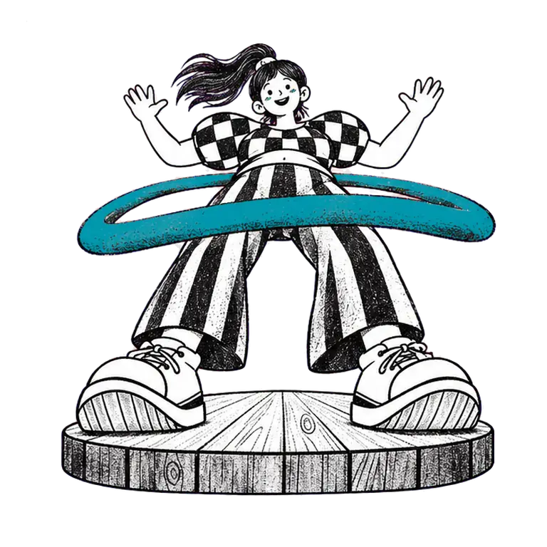 A smiling woman in checked top and striped trousers spins a hula hoop around her waist, arms up as if dancing.