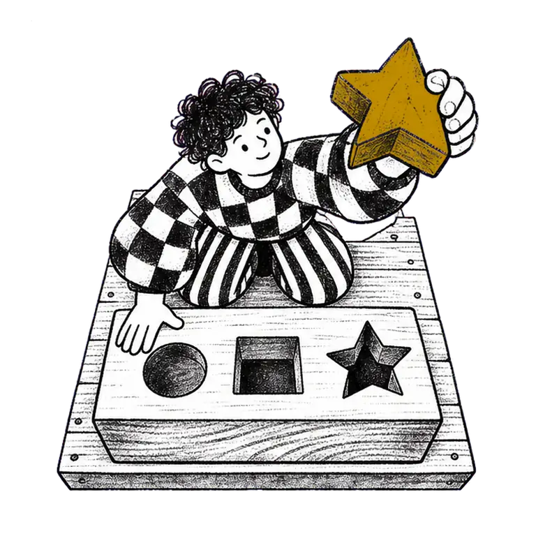 A man kneels at a wooden shape block, pressing a star peg into the star hole beside round and square holes.
