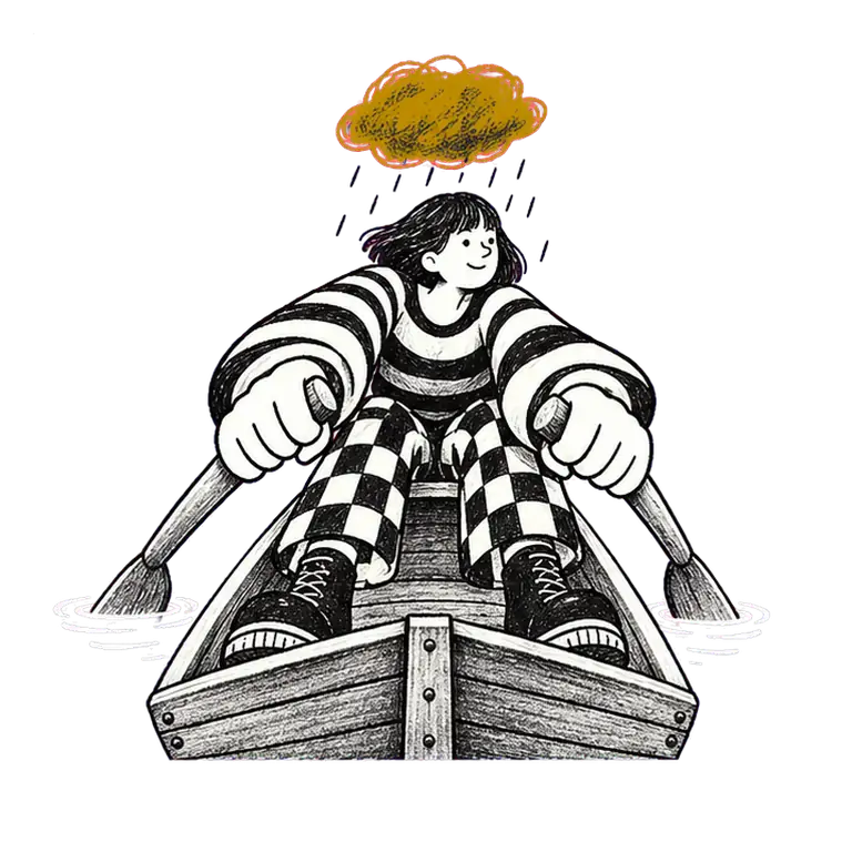 A calm woman in a striped jumper rows a small wooden boat while a little rain cloud drizzles over her head.