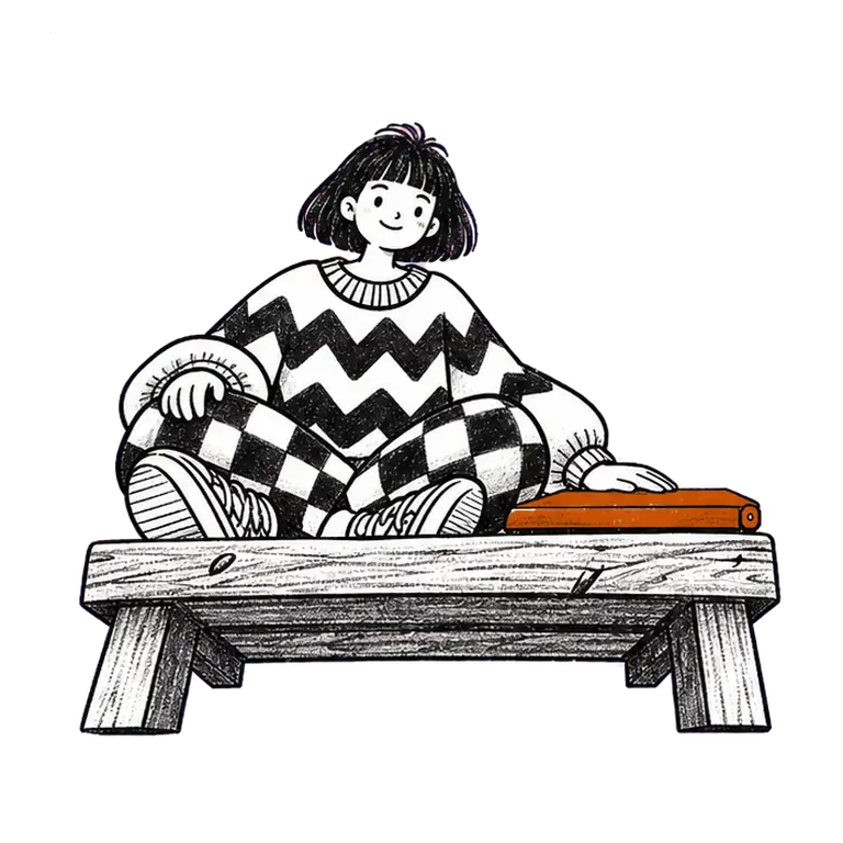 A woman in a zigzag jumper sits cross-legged on a wooden bench, opening and closing a laptop beside her.