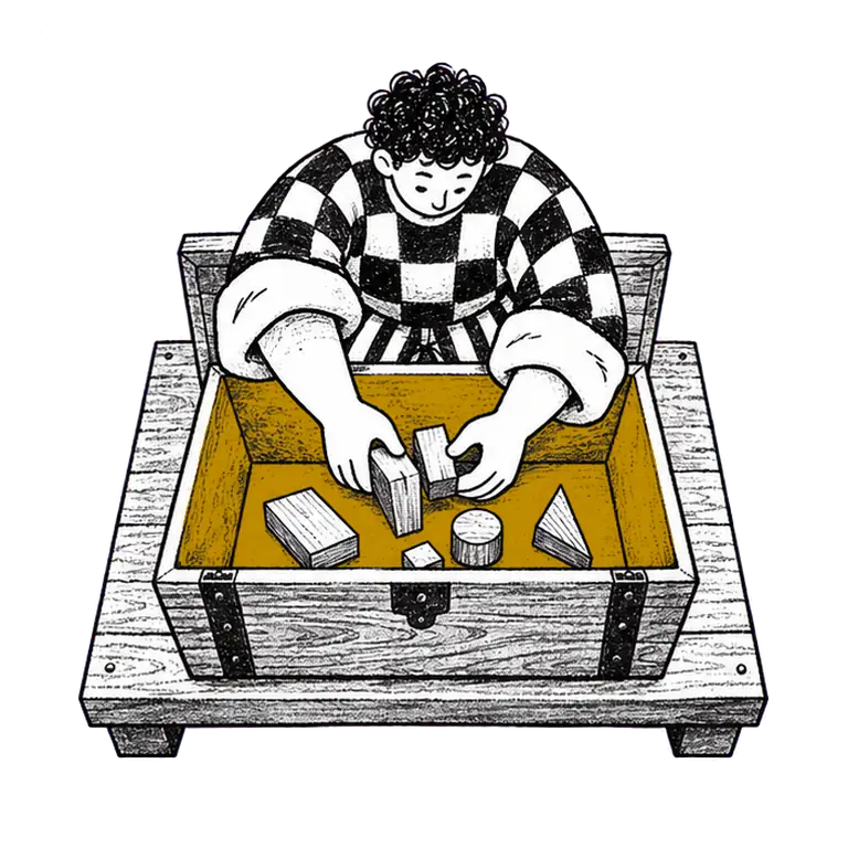 A man in a checked shirt opens a wooden chest, fits small blocks together inside, then closes the lid and rests.