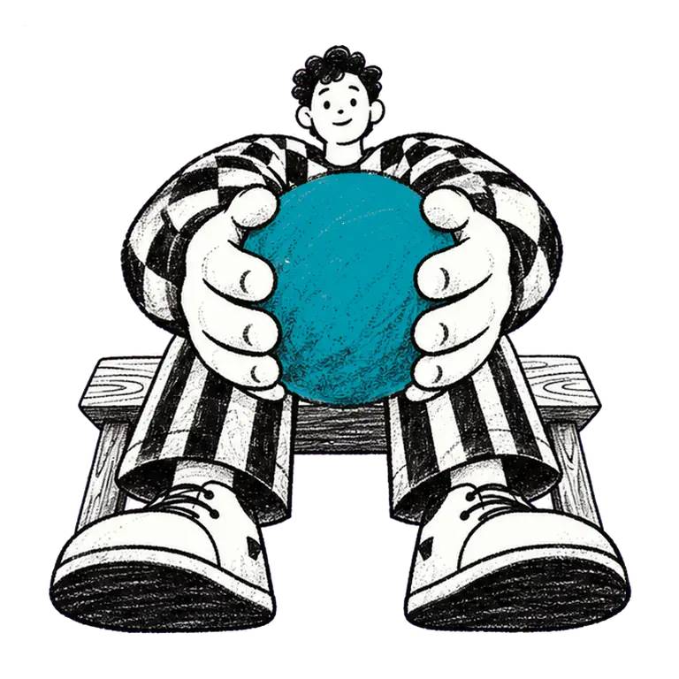 A calm man in a checked sweater sits on a bench, draws a ball to his chest, breathes with eyes closed, then offers it out.