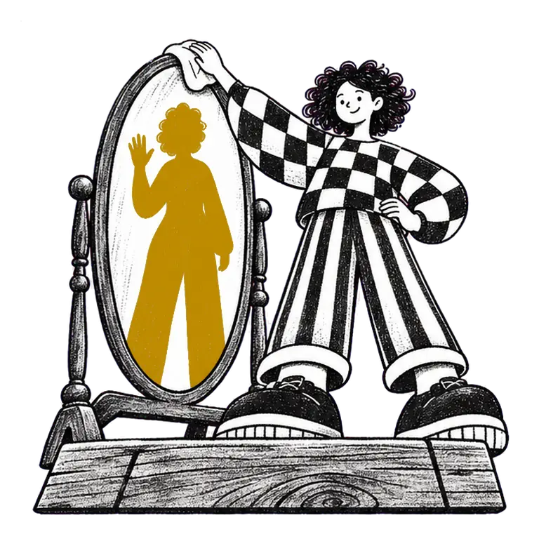 A woman in a checked jumper wipes a tall standing mirror that shows a waving silhouette of an older her.