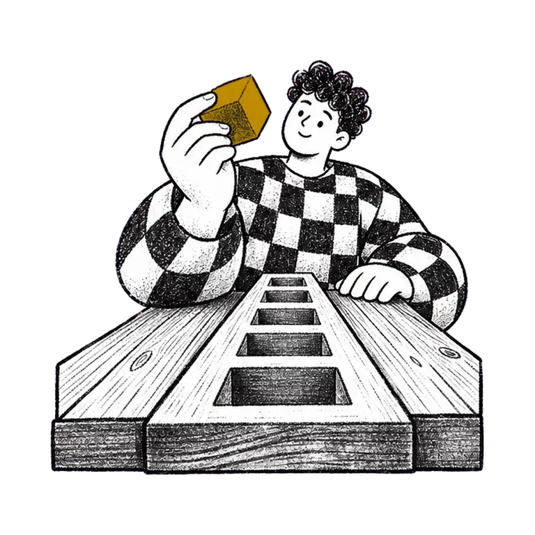 Man in a checked sweater sets a small cube into one slot of a long wooden board on a table, then lifts it again.