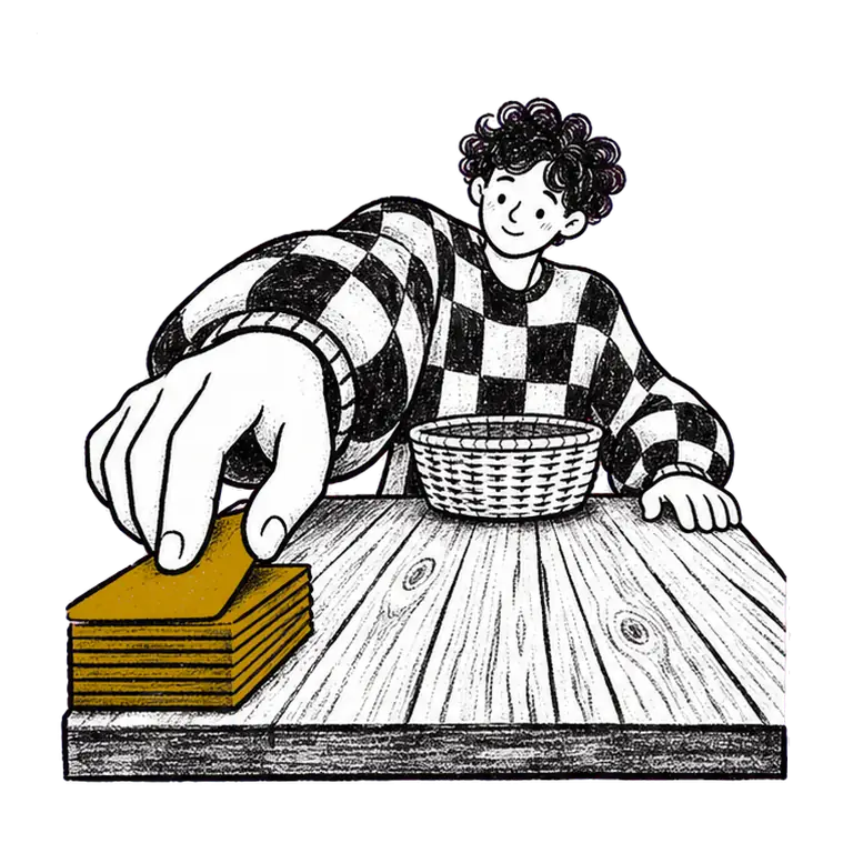 A young man in a checked sweater reaches across a table, pulls a card from a stack toward him and drops it in a basket.