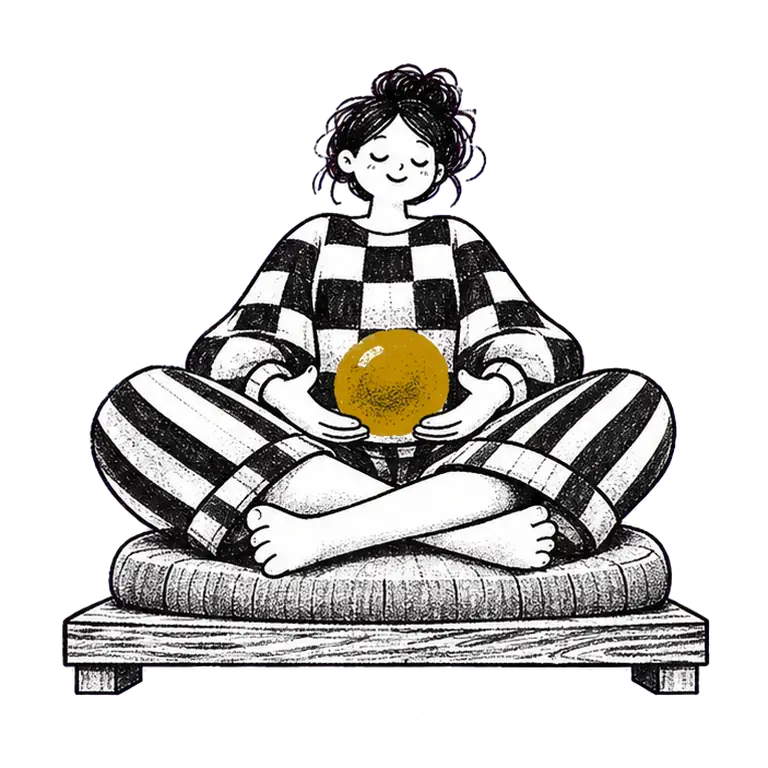A calm woman sits cross-legged on a cushion, eyes closed, raising and lowering a glowing bubble between her hands.