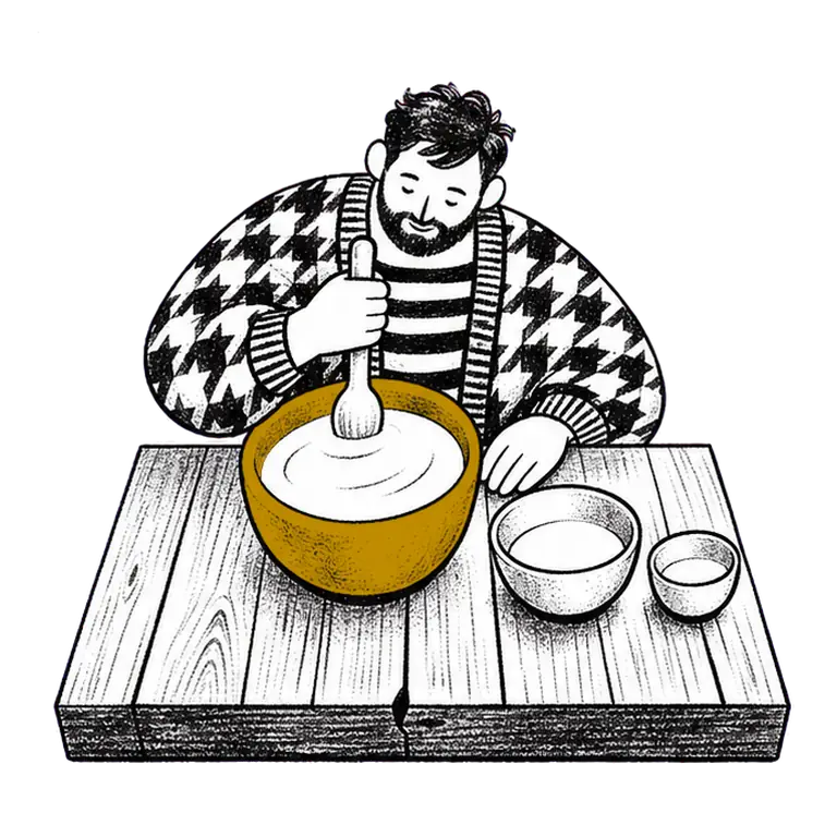 A bearded man in a houndstooth cardigan stirs a large bowl at a wooden table beside a row of two smaller bowls.