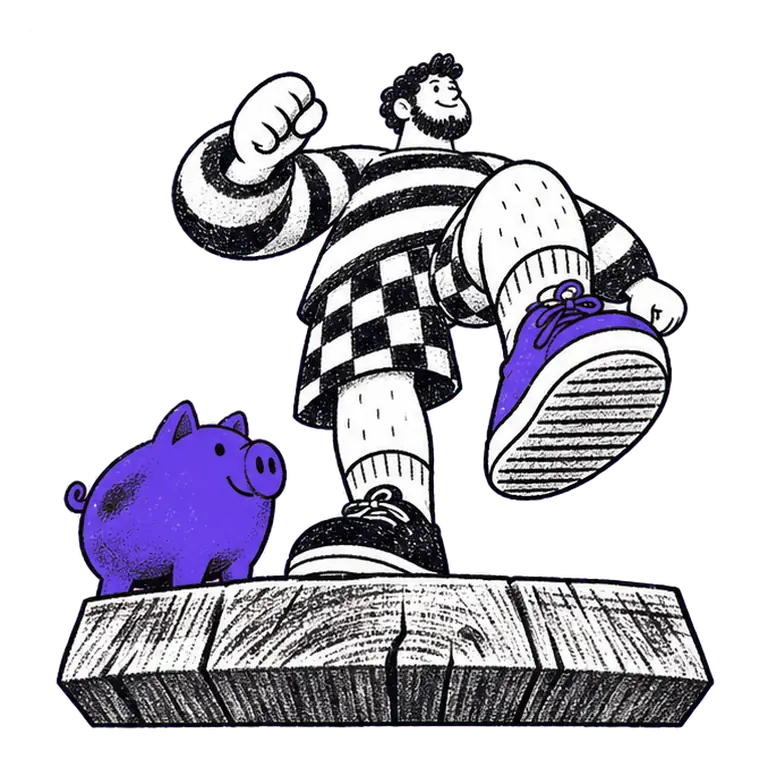 A bearded man in a striped jumper marches in place on a wooden block beside a piggy bank, smiling with determination.
