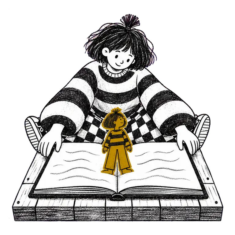 A young woman in a striped sweater opens a pop-up book, and a small paper figure who looks just like her pops up.