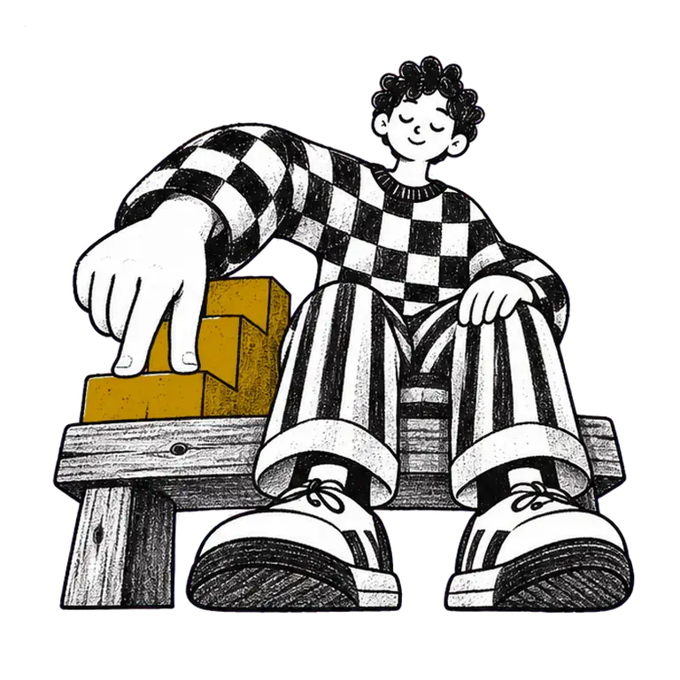 A calm man on a bench with eyes closed walks two fingers up a small wooden staircase beside him, again and again.