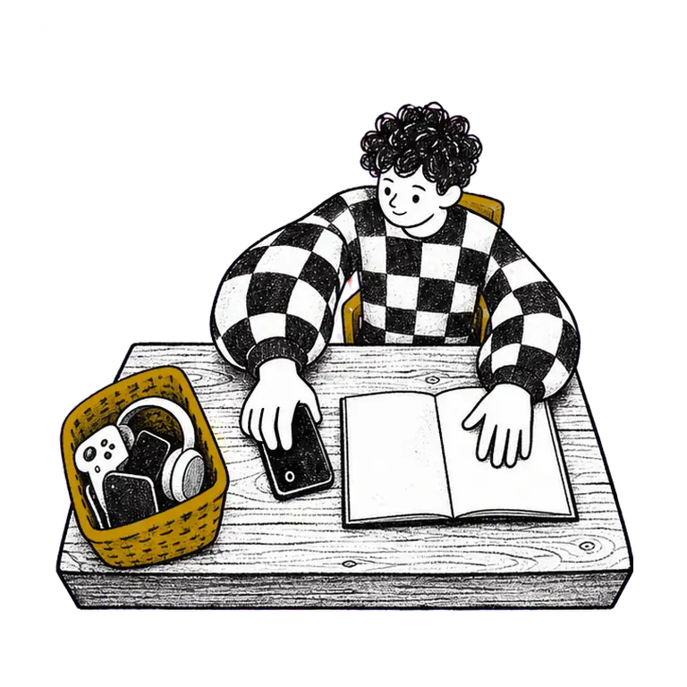 A young man at a desk lifts his phone and drops it into a basket of gadgets, one hand resting on an open notebook.