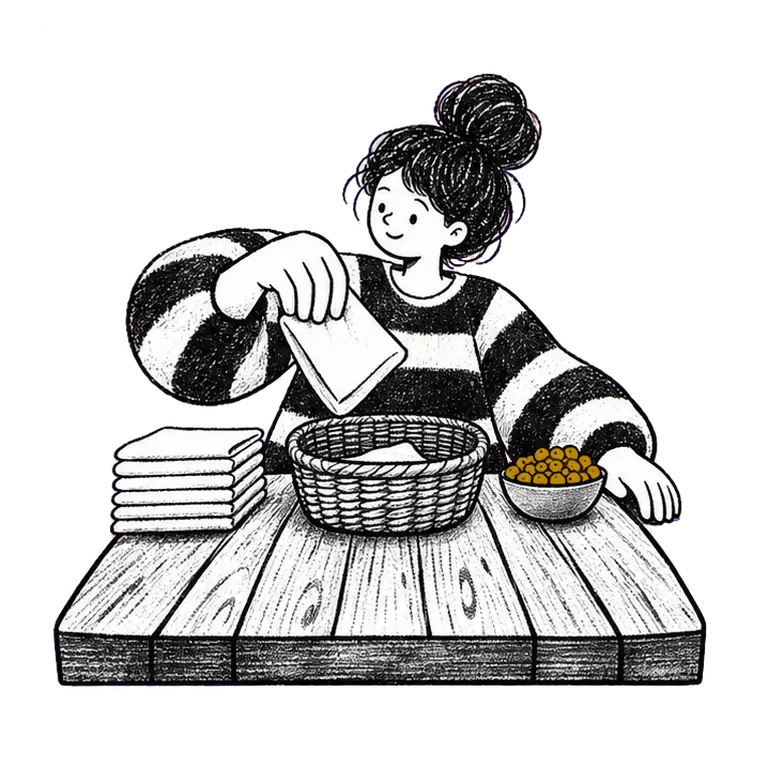 A smiling woman at a wooden table drops a folded napkin in a basket, then eats a berry from a bowl, again and again.