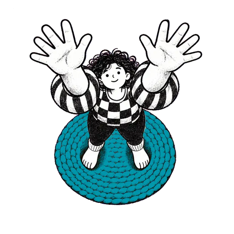 Seen from above, a woman in a checked top stands on a round braided rug and stretches her arms up, out and in.