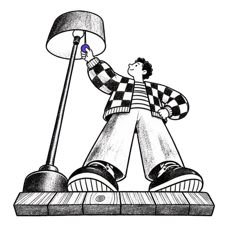 A man in a checked cardigan reaches up and tugs the pull-cord of a tall floor lamp, then lets it swing back.
