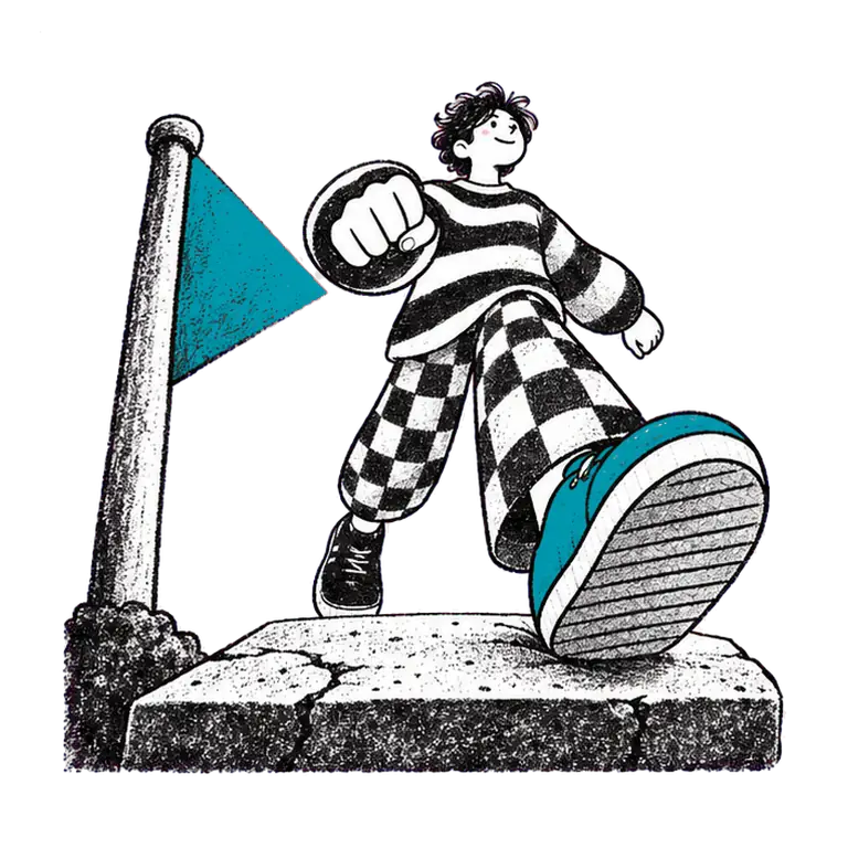 A young man in a striped jumper and checked trousers walks on a stone step past a pole with a small triangular flag.