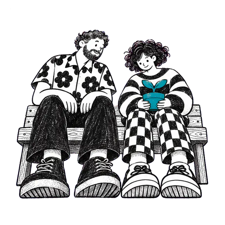 Two friends on a park bench; one lifts a small potted sprout to show the other, who leans in smiling.