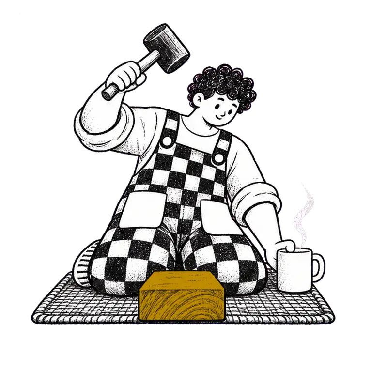 A kneeling man in checked overalls taps a mallet on a small wooden block, then pauses to sip from a mug.