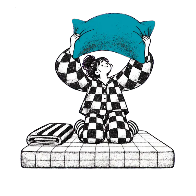 A woman in checked pyjamas kneels on a mattress, lifting and plumping a pillow beside a folded blanket.