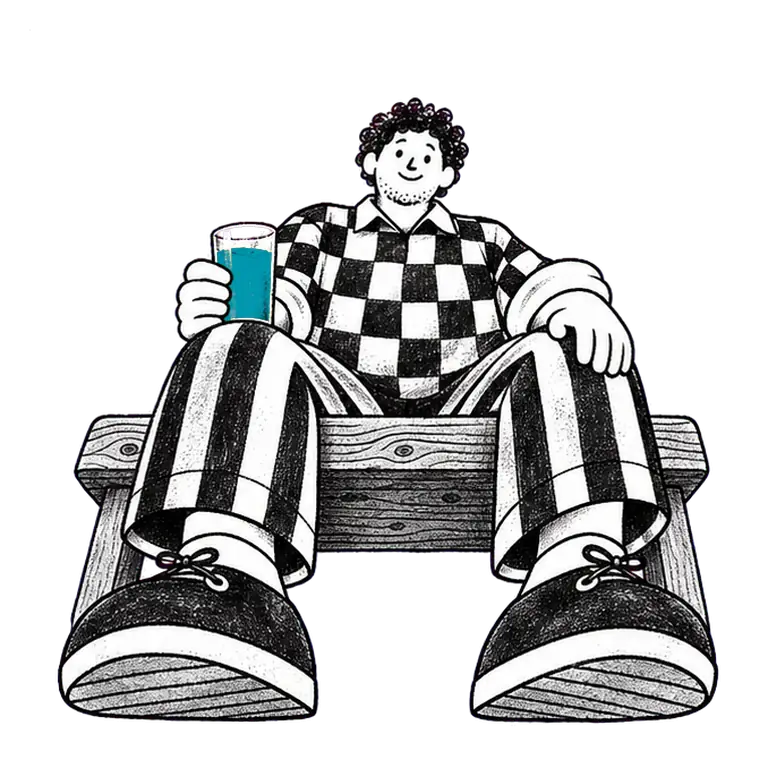 A smiling man in a checked shirt sits on a wooden bench, lifting a glass of water and taking a sip.