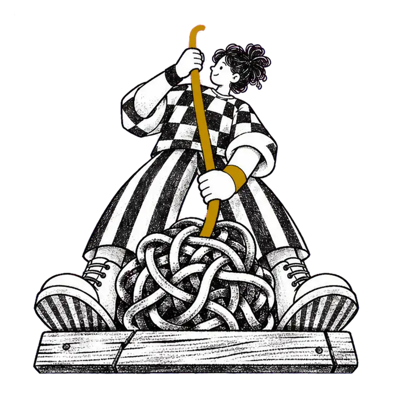 A woman on a wooden block pulls a smooth rope hand over hand out of a big tangled knot at her feet.
