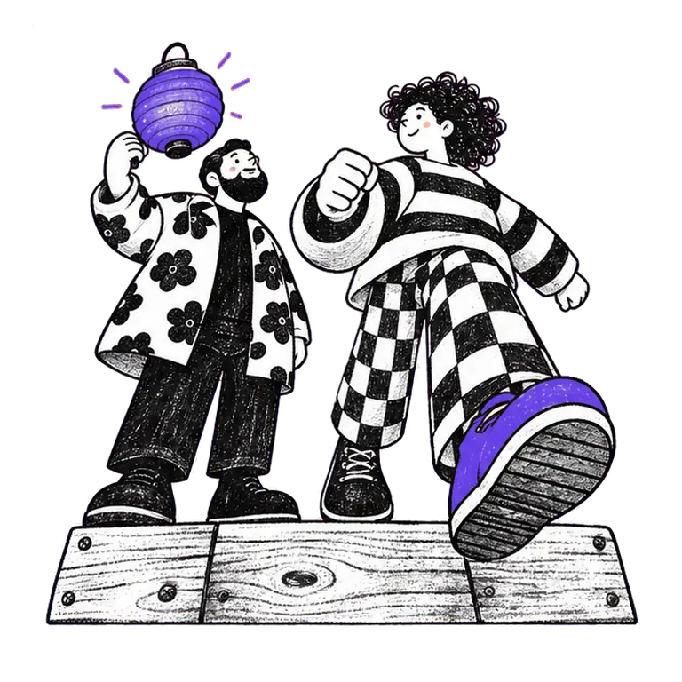 A woman in a striped jumper walks in place on a wooden block toward a smiling friend holding up a glowing lantern.