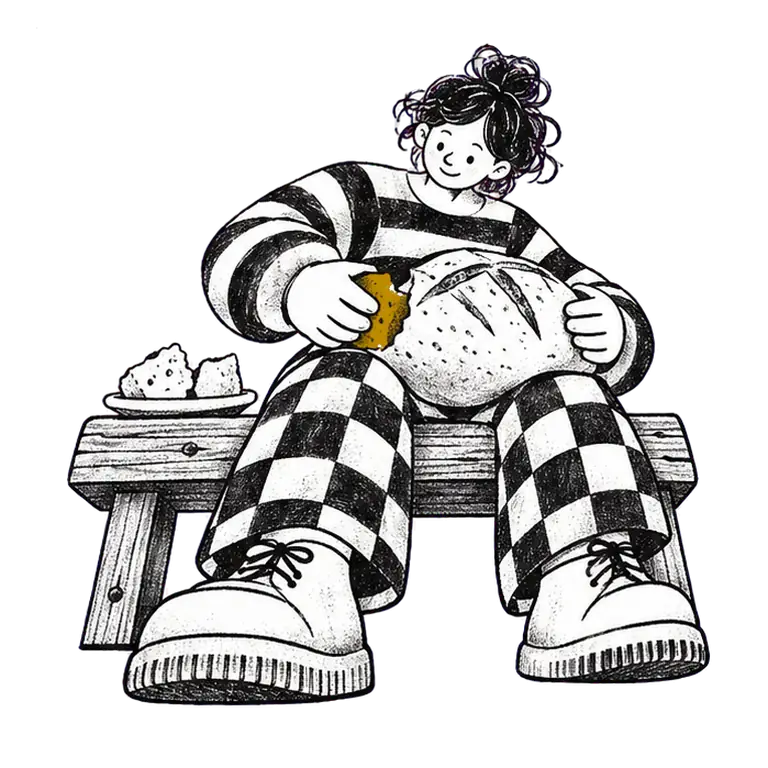 A woman sitting on a bench breaks a small chunk off a big round loaf on her lap and puts it on a plate beside her.