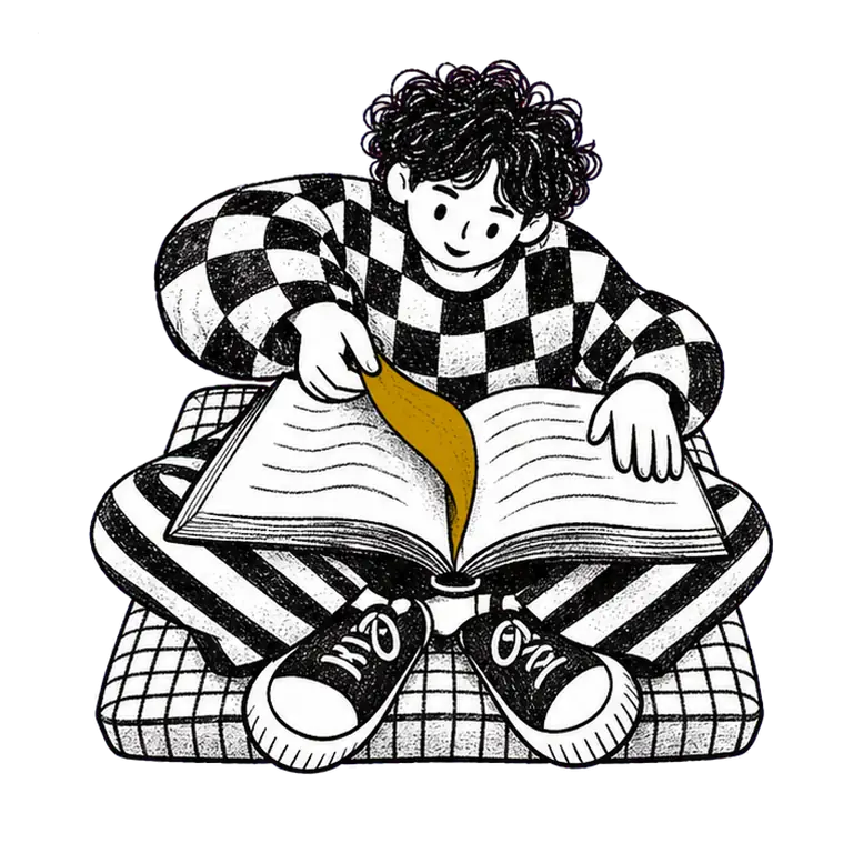 A curly-haired teen in a checked jumper sits cross-legged on a cushion, turning one page of a big open book.