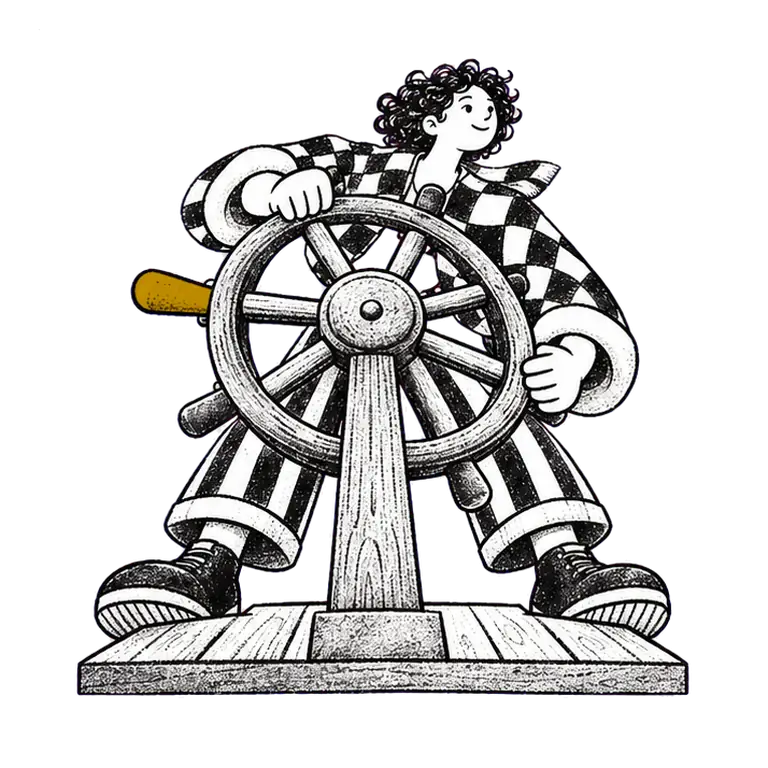A person in a checked jacket stands on a wooden deck, turning a ship's wheel left and right with a calm smile.