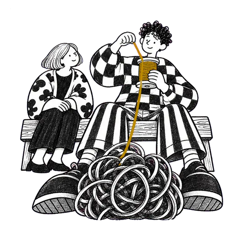 A young man on a bench winds one thread from a big tangled ball of yarn onto a spool while a woman beside him listens.