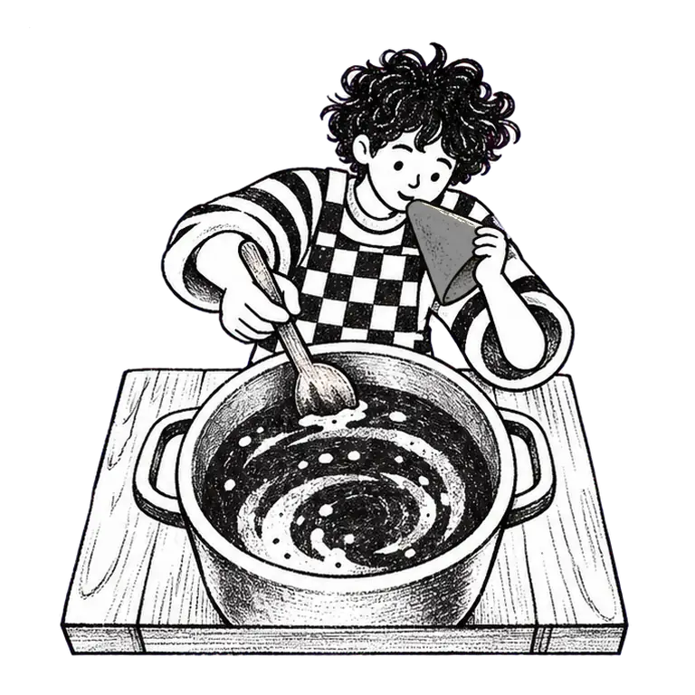 A curly-haired teen in a checked apron stirs a pot while speaking softly into a small paper cone held to his lips.