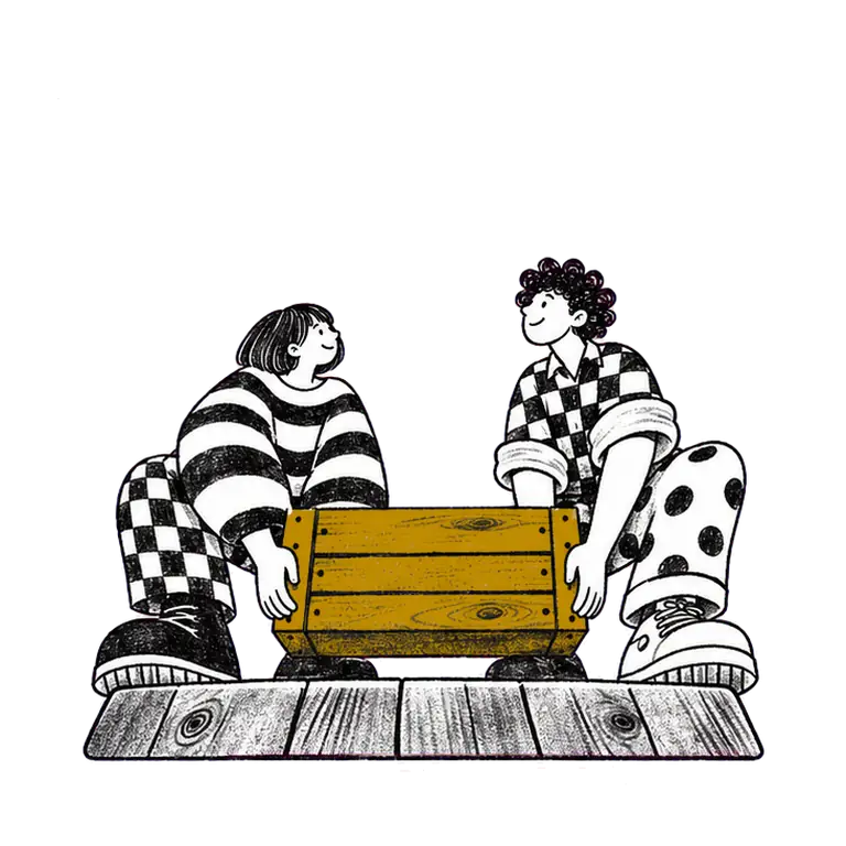 Two people standing on a wooden platform lift one big crate together from knee height to overhead and back down.