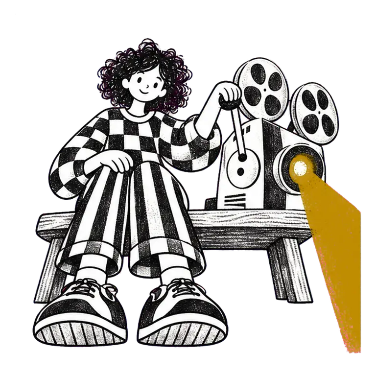 A curly-haired woman in a checked sweater sits on a bench, cranking an old film projector that casts a beam of light.