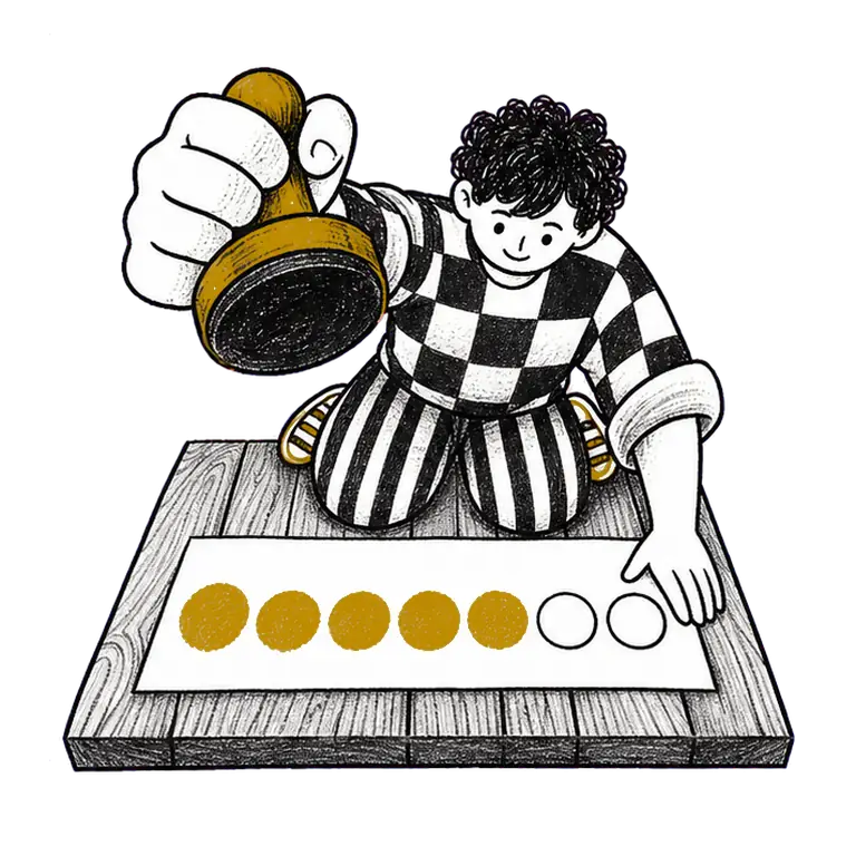 A man kneeling on a wooden mat stamps the next circle in a row of round prints on a sheet of paper.