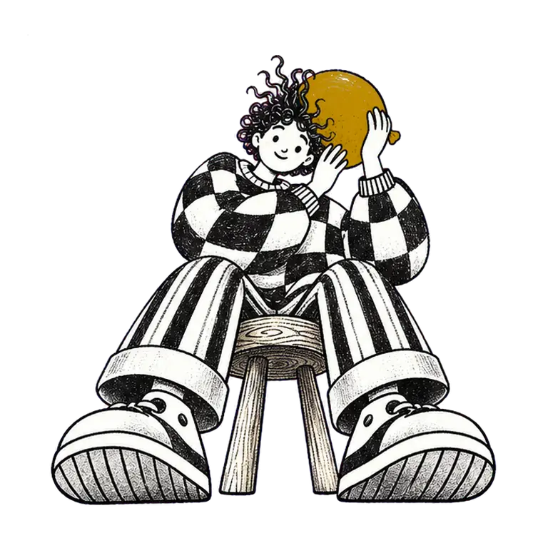 A man on a wooden stool rubs a yellow balloon over his curly head, and his hair lifts toward it with static.