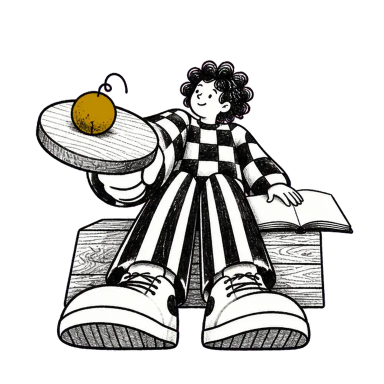A student in a checked jumper sits on a wooden block by an open book, bouncing a ball on a paddle.