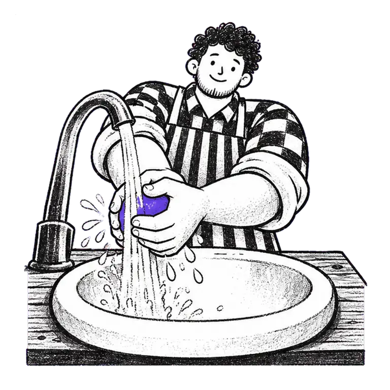 A smiling man in a checked shirt and striped apron lathers a bar of soap between his hands under a tap over a basin.