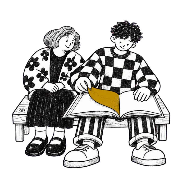 A young man on a bench turns a page of a big workbook while an older woman beside him watches kindly.