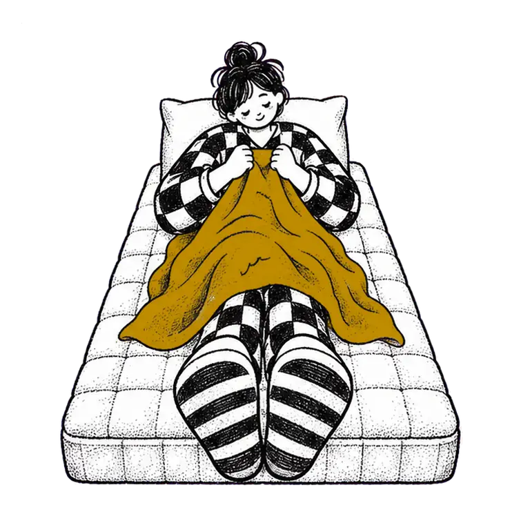 A calm woman in checked pyjamas sits up on a mattress, lifting and settling a soft blanket over her legs.