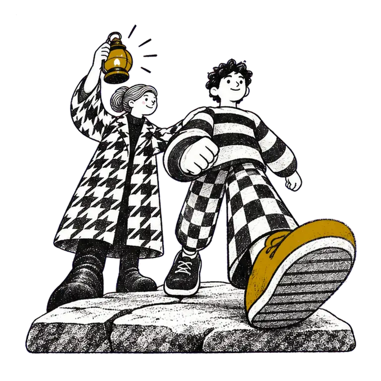 A young man walks on a stone slab while an older woman beside him holds up a glowing lantern, her hand on his back.