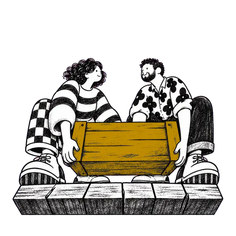 Two people on a wooden platform squat and lift a crate together, raise it overhead, then lower it again.