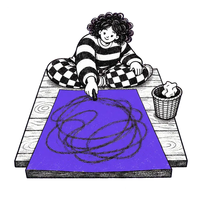 A smiling woman sits cross-legged on a wooden mat scribbling loose loops on a big sheet, a wastebasket beside her.